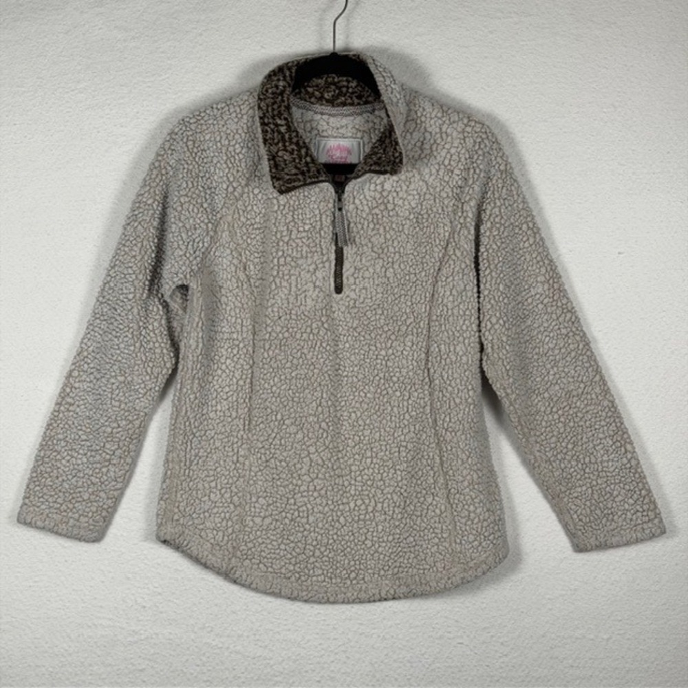 Cozy Sherpa Womens Quarter Zip Faux Fur Pullover Ivory Brown Sherpa Medium